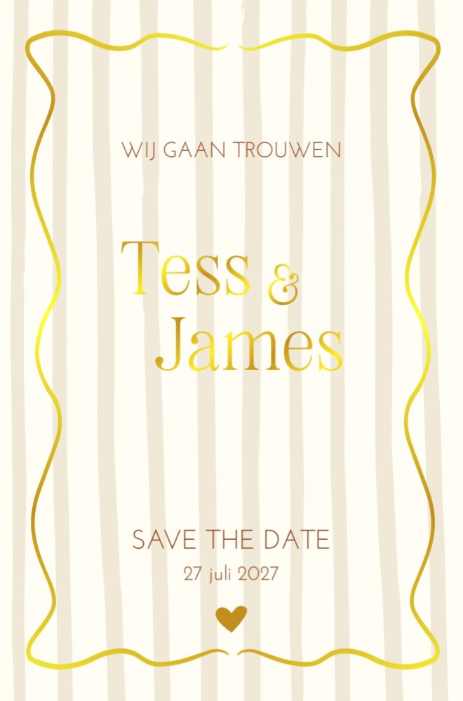 Vrolijke trouwkaart met gele strepen en speelse goudfolie rand