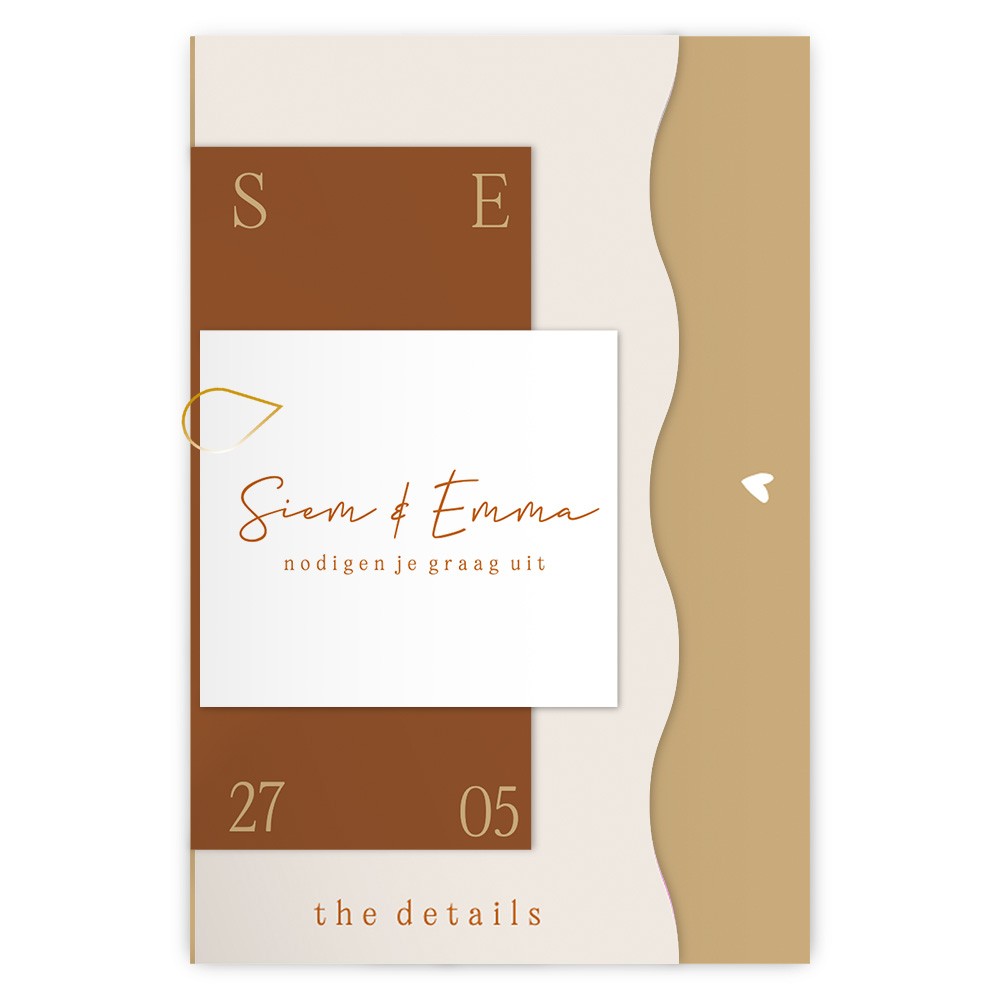 Stijlvolle trouwkaart in aardetinten - stapelkaart van 4 kaarten