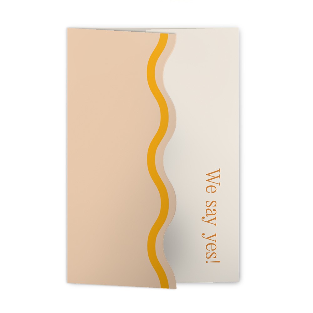 Unieke trouwkaart met hippe en frisse kleuren in een originele vorm