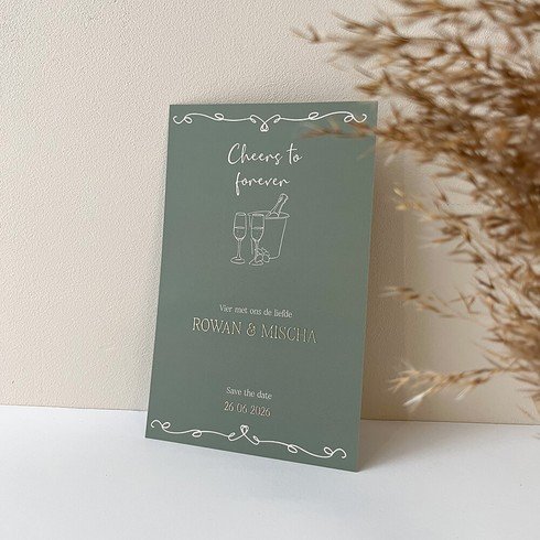 Stijlvolle trouwkaart met luxe goudfolie en olijfgroen