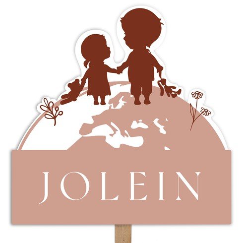 Tuinbord met silhouetje broer en zusje op wereldbol - Jolein