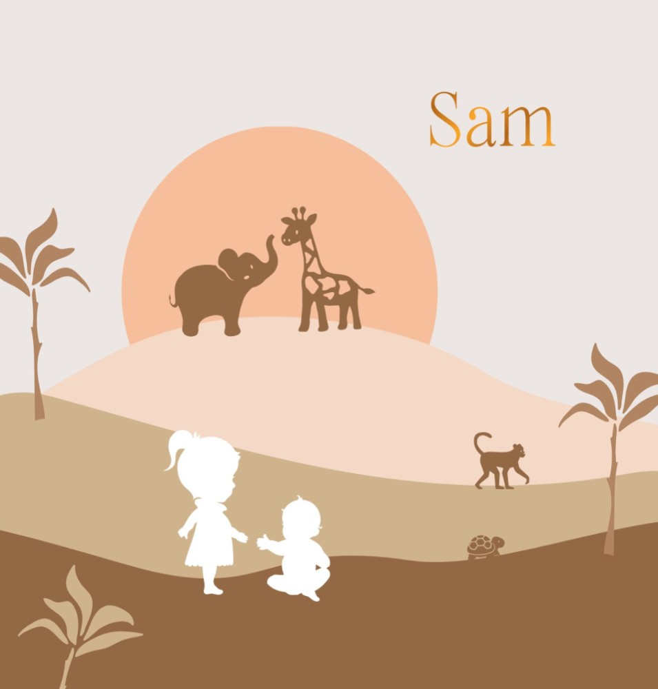 Unisex geboortekaartje met jungle dieren, koperfolie en grote zus - Sam