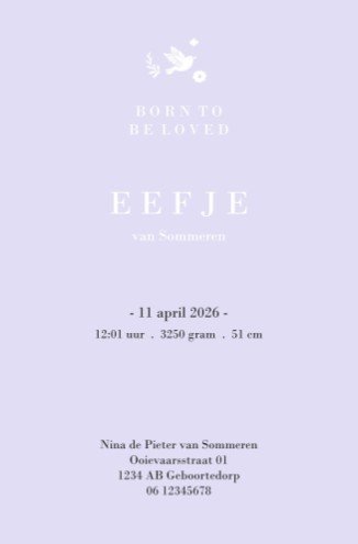 achterzijde geboortekaartje meisje lila